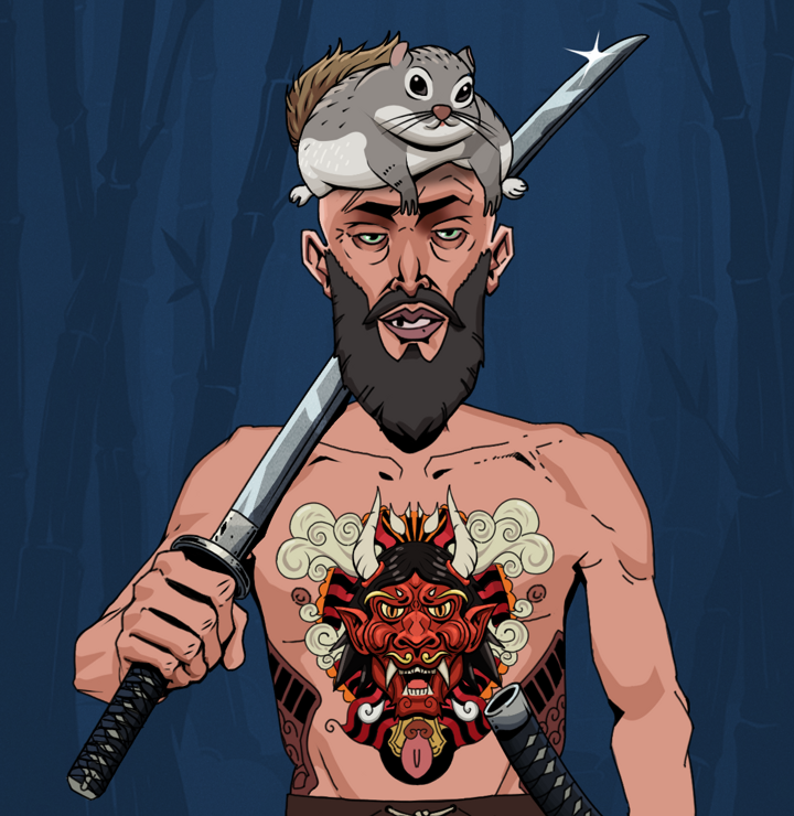 Serious Oleg — Degen Dojo NFT art (Shirtless Runt, Night Forest, Degens, Red Oni Tattoo, Serious Oleg, Mr. Momonga Hat, Katana, Mint)