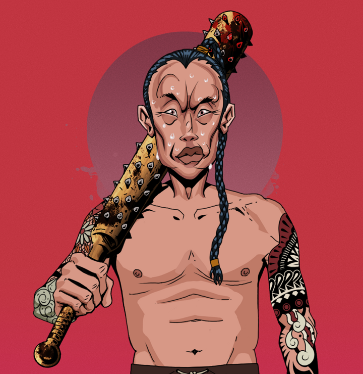 Stresshead Rin — Degen Dojo NFT art (Shirtless Runt, Red High Moon, Degens, Yakuza Tattoo Sleeves, Stresshead Rin, Braided Samurai Ponytail, Yakuza Club, Mint)