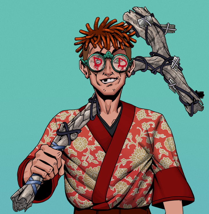 One-Eyed Itsuki — Degen Dojo NFT art (Shirtless Runt, Teal Daytime, Degens, Silken Sunflower Kimono, One-Eyed Itsuki, Dojo Graffiti, Orange Bantu Knots, Large Branch, Mint)