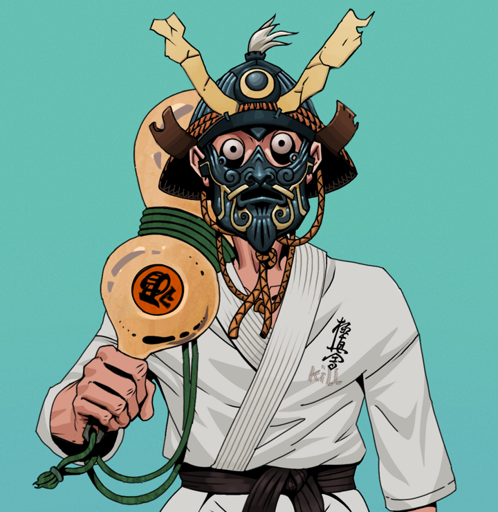 Drooling Azuma — Degen Dojo NFT art (Shirtless Runt, Teal Daytime, Degens, Student Gi, Drooling Azuma, Tatami Kabuto, Giant Sake Bottle, Mint)