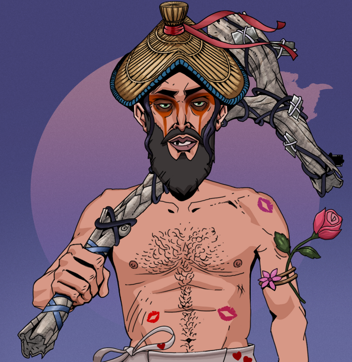 Oleg Of War — Degen Dojo NFT art (Shirtless Runt, Purple Night, Degens, Womanizer, Oleg Of War, High Straw Rice Hat, Large Branch, Mint)
