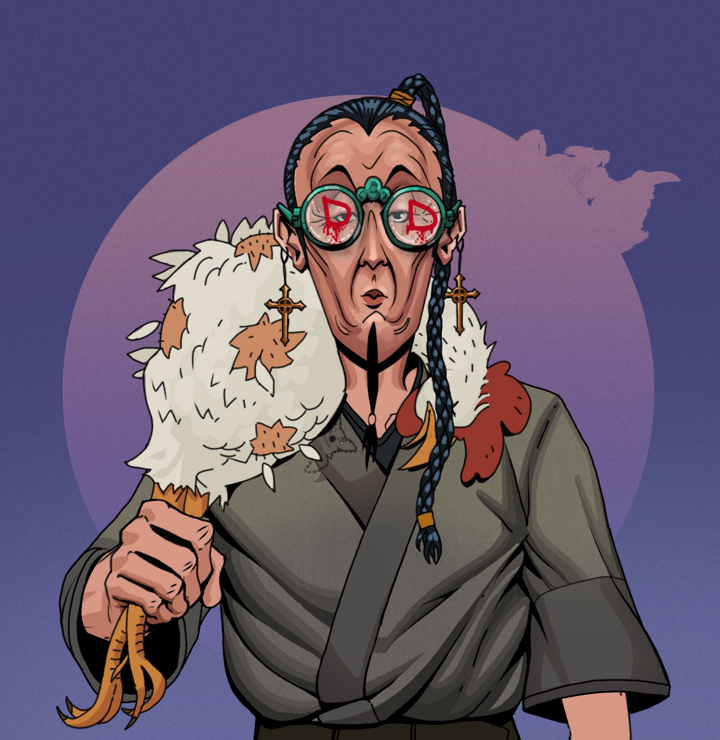 Edmundo — Degen Dojo NFT art (Jesuit Crosses, Purple Night, Degens, Puppy Kimono, Edmundo, Dojo Graffiti, Braided Samurai Ponytail, Chicken, Mint)