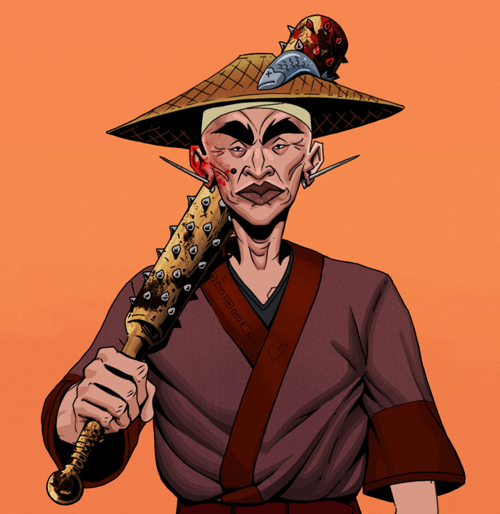 Young Yuji — Degen Dojo NFT art (Nails, Orange Afternoon, Degens, Proud Dejen Kimono, Young Yuji, Shirtless Runt, Wide Kasa Fisherman, Yakuza Club, Mint)