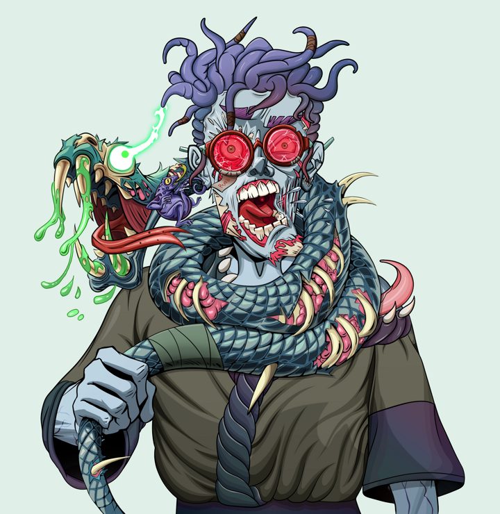 Tokuda — Degen Dojo NFT art (Lizard, Teal Daytime, Demons, Puppy Kimono, Tokuda, Broken Glasses, Messy, Enchanted Snake, Mint)