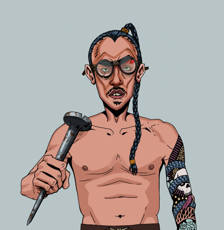 Gloomy Masumi — Degen Dojo NFT art (Shirtless Runt, Light Grey, Degens, Skull Sleeve, Gloomy Masumi, Bloodied Glasses, Braided Samurai Ponytail, Rusty Nail, Mint)
