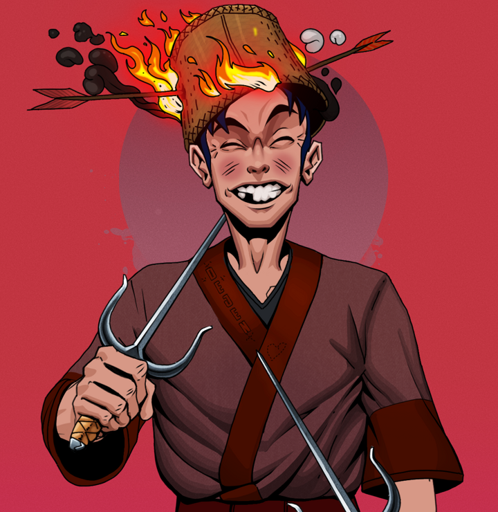 Cheery Haru — Degen Dojo NFT art (Shirtless Runt, Red High Moon, Degens, Proud Dejen Kimono, Cheery Haru, Burning Basket, Dual Sai, Mint)