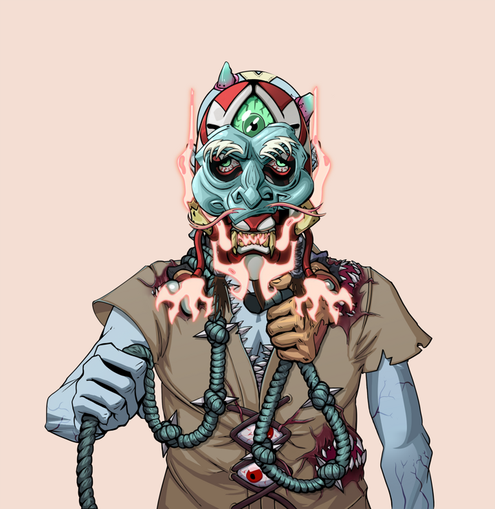 Angry Ikari — Degen Dojo NFT art (Shirtless Runt, Orange Afternoon, Demons, Rice Sack Rags, Angry Ikari, Kitsune Mask, Bald, Noose, Mint)