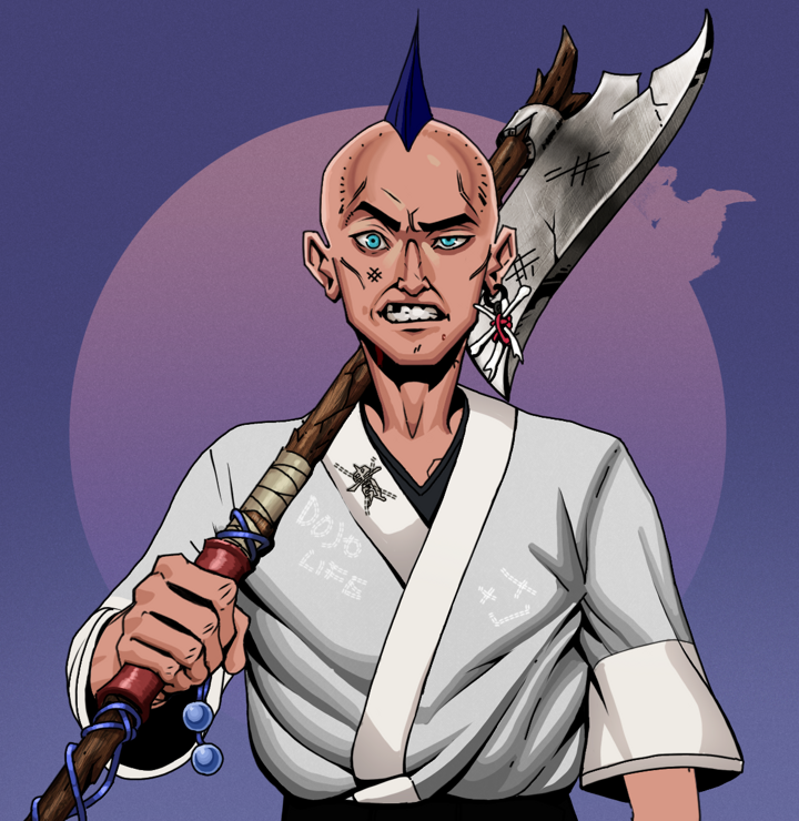 Akuma — Degen Dojo NFT art (Finger Bones, Purple Night, Degens, No Honor Kimono, Akuma, Shirtless Runt, Mohawk Spike, Broken Nagatina, Mint)