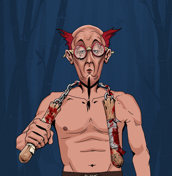 Edmundo — Degen Dojo NFT art (Shirtless Runt, Night Forest, Degens, Edmundo, Broken Glasses, Red Heihachi, Bloody Nunchucks, Mint)
