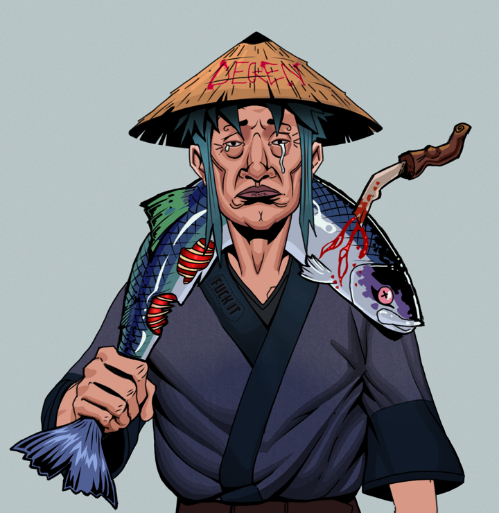 Teary Goro — Degen Dojo NFT art (Shirtless Runt, Light Grey, Degens, Fuck You Kimono, Teary Goro, Degen Graffiti Rice Hat, Dead Fish, Mint)