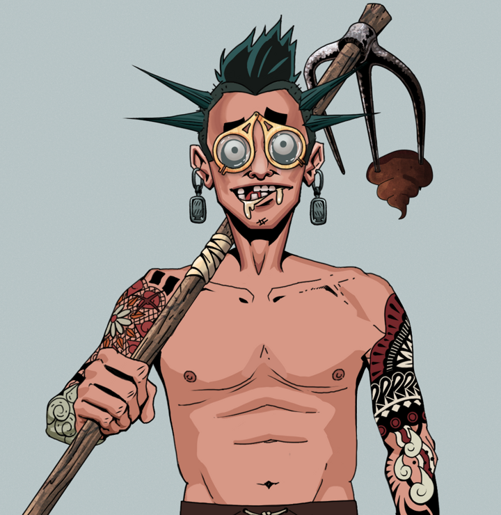 Drooling Azuma — Degen Dojo NFT art (Iron Earrings, Light Grey, Degens, Yakuza Tattoo Sleeves, Drooling Azuma, Pocket Glasses, Yakuza Ruffian, Poop Cleaner Hoe, Mint)