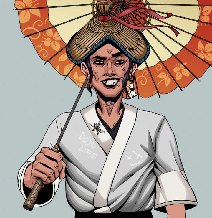 Junichiro — Degen Dojo NFT art (Foes Teeth, Light Grey, Degens, No Honor Kimono, Junichiro, Shirtless Runt, High Straw Rice Hat, Floral Parasol, Mint)