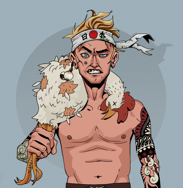 Akuma — Degen Dojo NFT art (Shaman Eyes, Grey Mist, Degens, Yakuza Tattoo Sleeves, Akuma, Shirtless Runt, Karate Headband, Chicken, Mint)