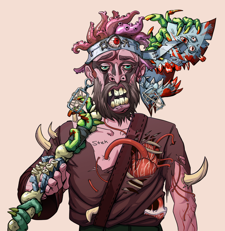 Oleg Of War — Degen Dojo NFT art (Iron Earrings, Orange Afternoon, Demons, Proud Dejen Kimono, Oleg Of War, Shirtless Runt, Karate Headband, Broken Nagatina, Mint)