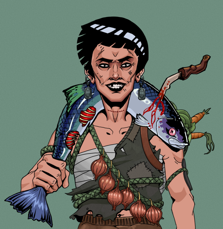 Junichiro Reborn — Degen Dojo NFT art (Iron Earrings, Olive Green, Degens, Farmer, Junichiro Reborn, Shirtless Runt, Rock Lee, Dead Fish, Mint)