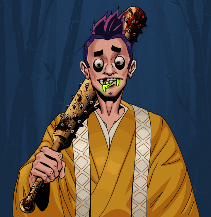 Toxic Azuma — Degen Dojo NFT art (Shirtless Runt, Night Forest, Degens, Ordained Dejen, Toxic Azuma, Yakuza Hooligan, Yakuza Club, Mint)
