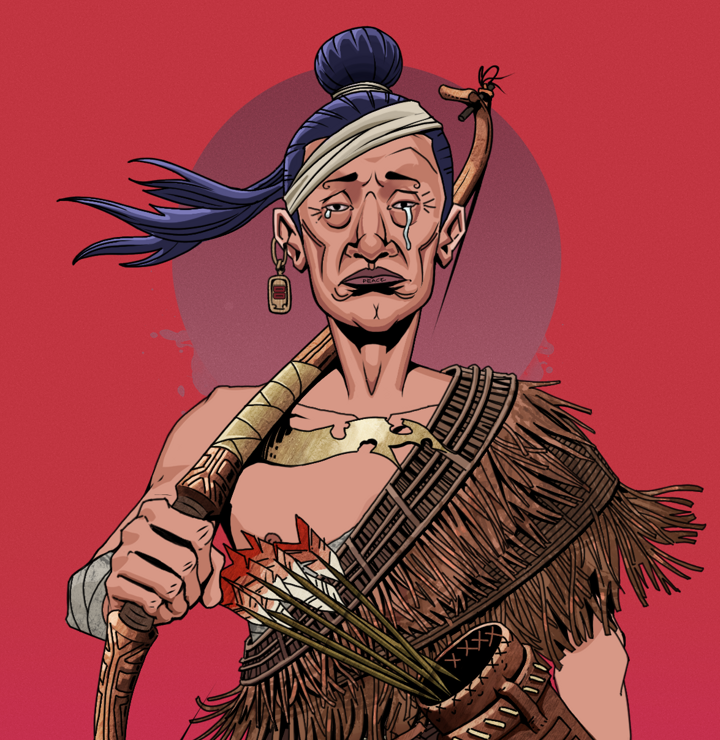 Teary Goro — Degen Dojo NFT art (Dojo Paper Earring, Red High Moon, Degens, Dried Straw, Teary Goro, Shirtless Runt, Long Flowing, Runed Yumi, Mint)