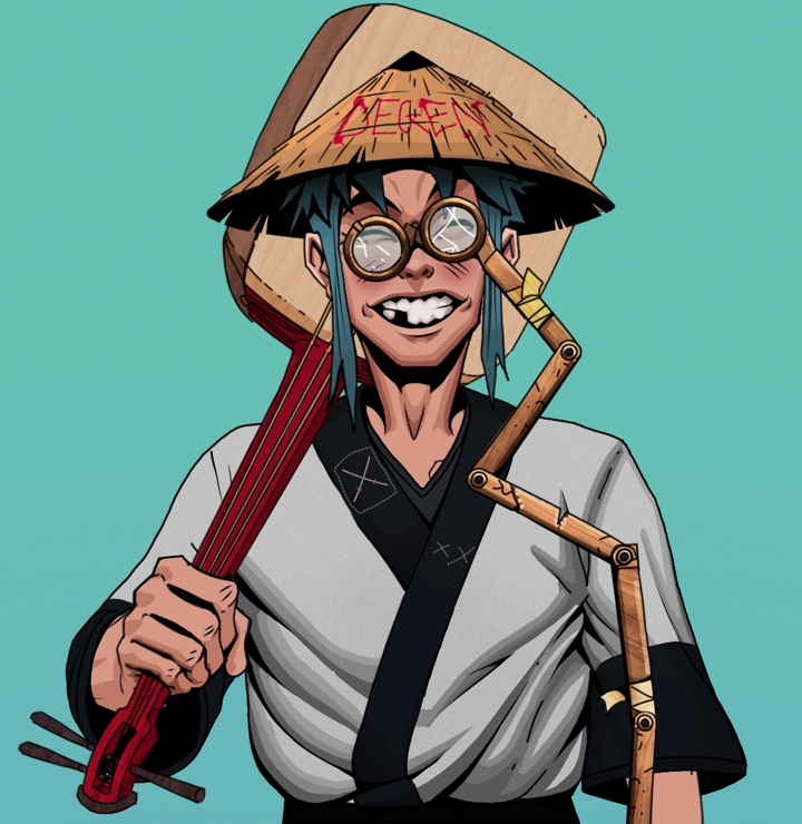 Cheery Haru — Degen Dojo NFT art (Shirtless Runt, Teal Daytime, Degens, Katana Kimono, Cheery Haru, Telescopic Glasses, Degen Graffiti Rice Hat, Shamisen, Mint)