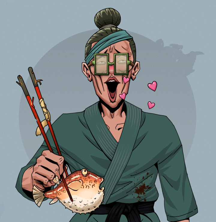 Lovey Haruto — Degen Dojo NFT art (Shirtless Runt, Grey Mist, Degens, Fight Gi, Lovey Haruto, Shoji Glasses, Hair Bun, Frightened Fugu, Mint)