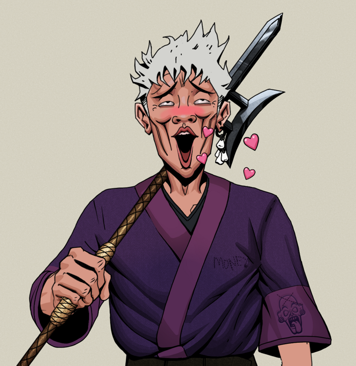 Lovey Haruto — Degen Dojo NFT art (Foes Teeth, Warm Grey, Degens, Money Kimono, Lovey Haruto, Shirtless Runt, Short Spiky Grey, Bishamon Yari, Mint)