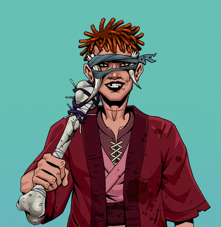 Junichiro Reborn — Degen Dojo NFT art (Shirtless Runt, Teal Daytime, Degens, Red Warrior Kimono, Junichiro Reborn, Tied Horns, Orange Bantu Knots, Spiky Femur, Mint)
