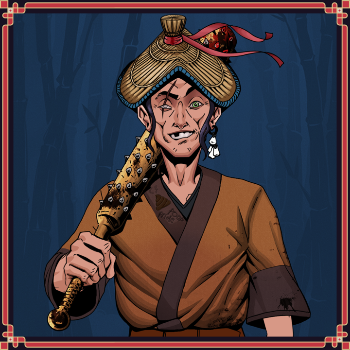 One-Eyed Itsuki — Degen Dojo NFT art (Foes Teeth, Night Forest, One-Eyed Itsuki, Poop Pride Kimono, Degen, Shirtless Runt, High Straw Rice Hat, Shrieking Demon Grinder, Yakuza Club, Framed)