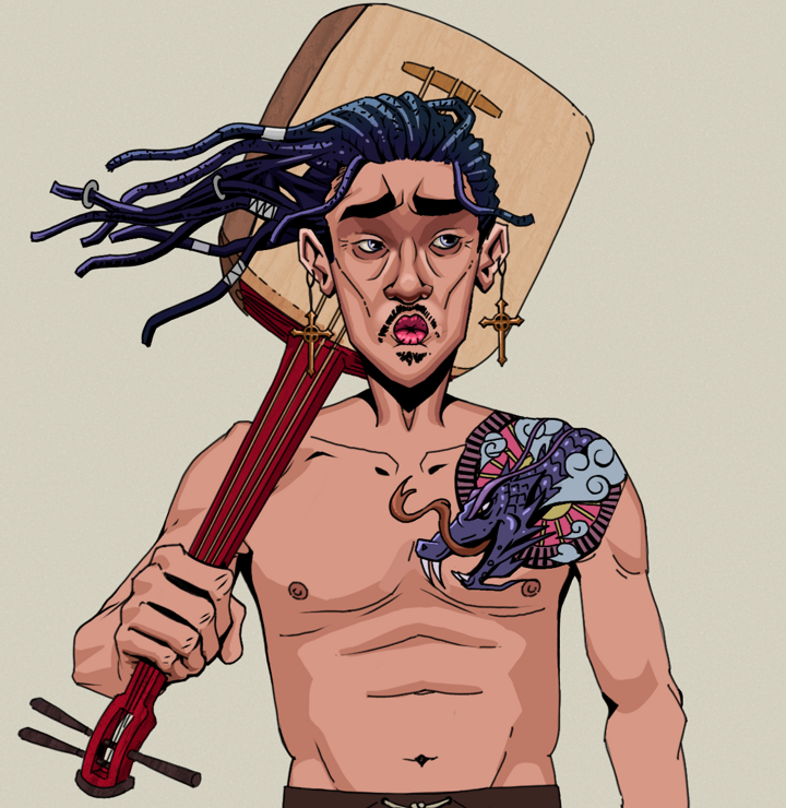Masumi Steel — Degen Dojo NFT art (Jesuit Crosses, Warm Grey, Degens, Dragon Head Tattoo, Masumi Steel, Shirtless Runt, Flowing Dreads, Shamisen, Mint)