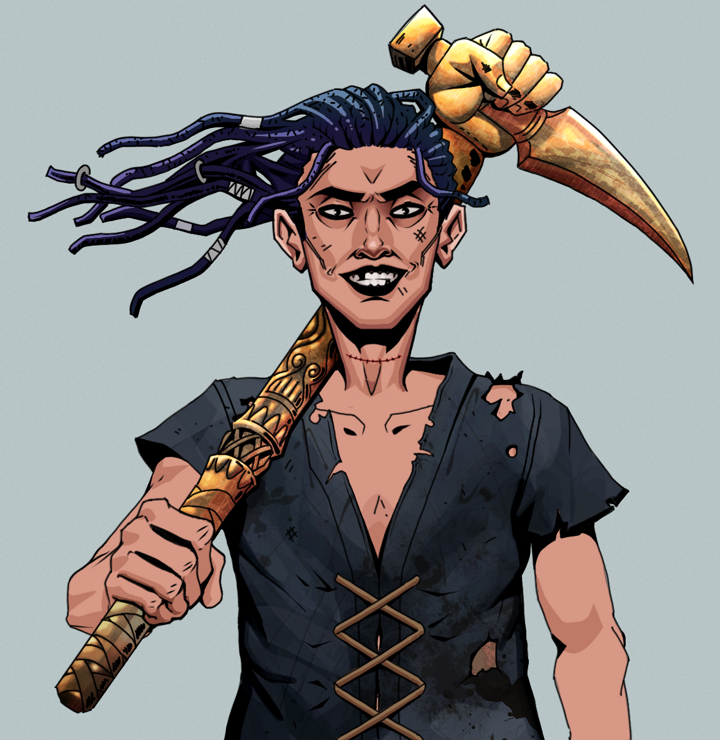 Junichiro Reborn — Degen Dojo NFT art (Shirtless Runt, Light Grey, Degens, Black Peasant Sack, Junichiro Reborn, Flowing Dreads, Bronze Fisted Sickle, Mint)