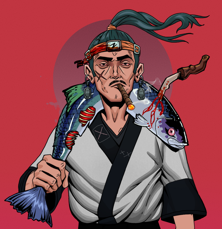 Raikou The Stoner — Degen Dojo NFT art (Iron Earrings, Red High Moon, Degens, Katana Kimono, Raikou The Stoner, Shirtless Runt, Green Bandana, Dead Fish, Mint)