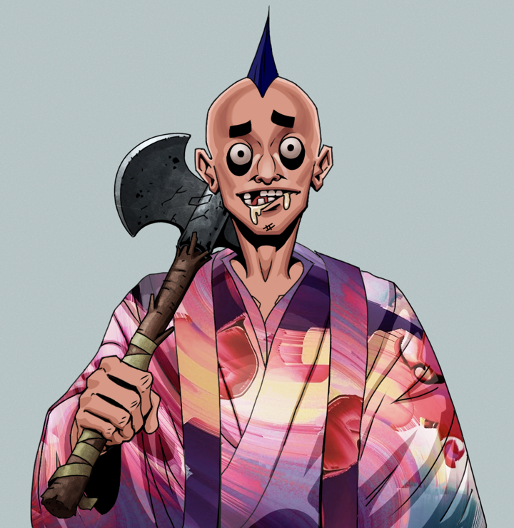 Drooling Azuma — Degen Dojo NFT art (Shirtless Runt, Light Grey, Degens, Autumn Sakura Kimono, Drooling Azuma, Mohawk Spike, Axe, Mint)