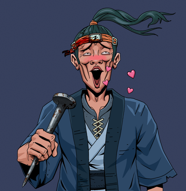 Lovey Haruto — Degen Dojo NFT art (Shirtless Runt, Blue Evening, Degens, Blue Warrior Kimono, Lovey Haruto, Green Bandana, Rusty Nail, Mint)