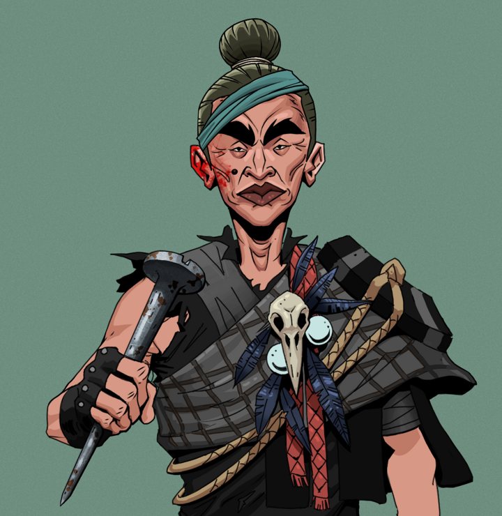 Young Yuji — Degen Dojo NFT art (Shirtless Runt, Olive Green, Degens, Bird Shaman, Young Yuji, Hair Bun, Rusty Nail, Mint)