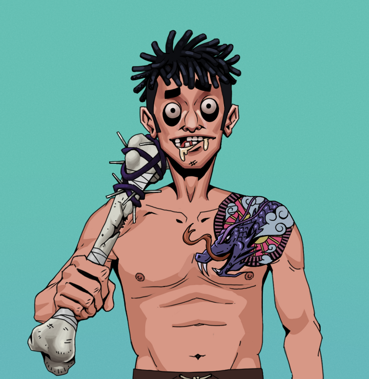 Drooling Azuma — Degen Dojo NFT art (Shirtless Runt, Teal Daytime, Degens, Dragon Head Tattoo, Drooling Azuma, Black Bantu Knots, Spiky Femur, Mint)
