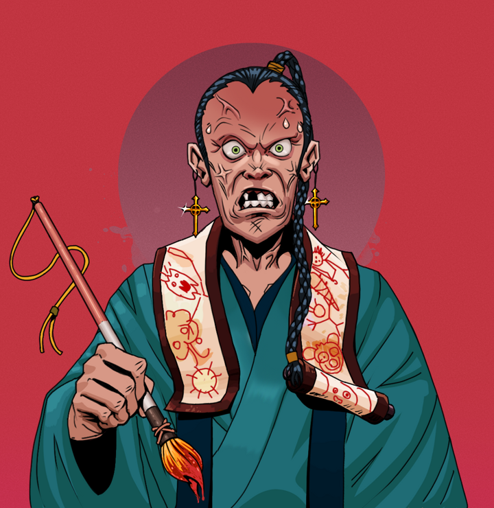 Angry Ikari — Degen Dojo NFT art (Golden Jesuit Crosses, Red High Moon, Degens, Dejen Apostate, Angry Ikari, Shirtless Runt, Braided Samurai Ponytail, Paintbrush, Mint)