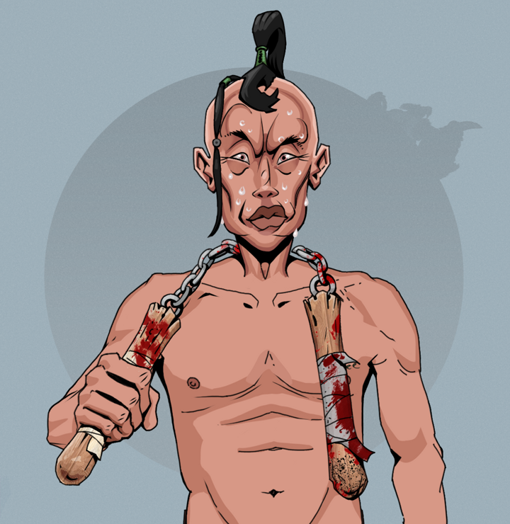 Stresshead Rin — Degen Dojo NFT art (Shirtless Runt, Grey Mist, Degens, Nudey Freak, Stresshead Rin, Dejen Samurai, Bloody Nunchucks, Mint)