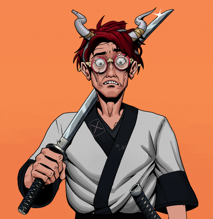 Shitless Botan — Degen Dojo NFT art (Shirtless Runt, Orange Afternoon, Degens, Katana Kimono, Shitless Botan, Broken Glasses, Grey Oni Horns, Katana, Mint)