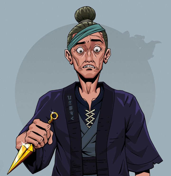 Shitless Botan — Degen Dojo NFT art (Shirtless Runt, Grey Mist, Degens, Daimyo Warrior Kimono, Shitless Botan, Hair Bun, Golden Kunai, Mint)