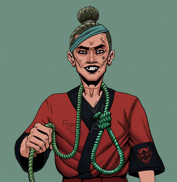 Junichiro Reborn — Degen Dojo NFT art (Shirtless Runt, Olive Green, Degens, Red Oni Kimono, Junichiro Reborn, Hair Bun, Noose, Mint)