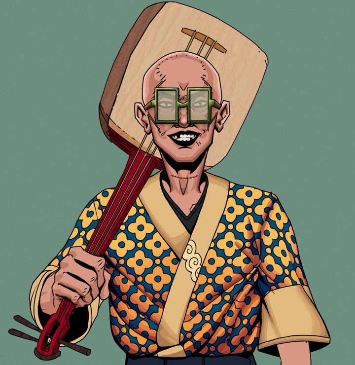 Junichiro Reborn — Degen Dojo NFT art (Shirtless Runt, Olive Green, Degens, Yellow Flowers Silk Kimono, Junichiro Reborn, Shoji Glasses, Bald, Shamisen, Mint)