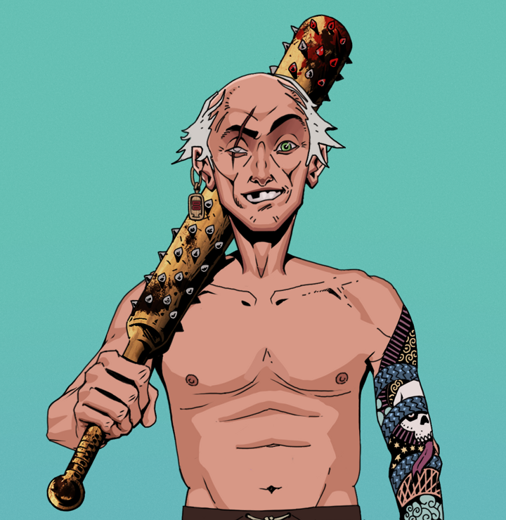One-Eyed Itsuki — Degen Dojo NFT art (Dojo Paper Earring, Teal Daytime, Degens, Skull Sleeve, One-Eyed Itsuki, Shirtless Runt, Kung Fu Master, Yakuza Club, Mint)