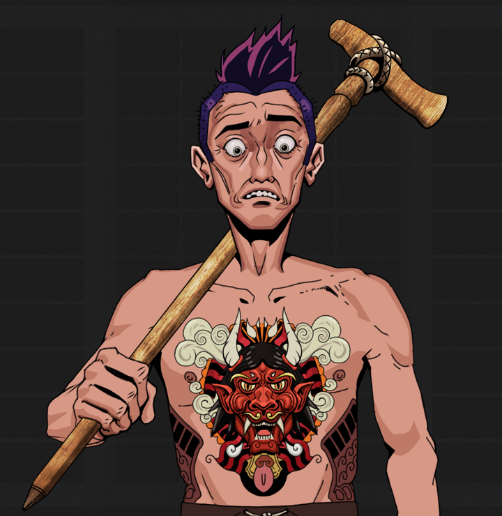 Shitless Botan — Degen Dojo NFT art (Shirtless Runt, Shoji Night, Degens, Red Oni Tattoo, Shitless Botan, Yakuza Hooligan, Wooden Walking Cane, Mint)