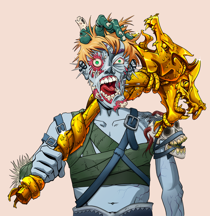 Tokuda — Degen Dojo NFT art (Nails, Orange Afternoon, Demons, Strap On Geta, Tokuda, Shirtless Runt, Tiger Headband Ruffian, Golden Warhammer, Mint)