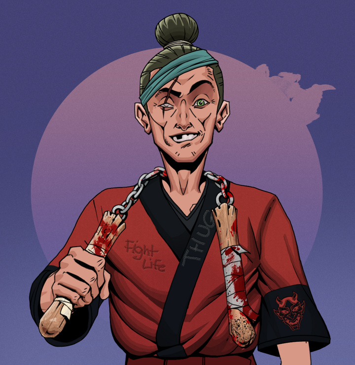 One-Eyed Itsuki — Degen Dojo NFT art (Shirtless Runt, Purple Night, Degens, Red Oni Kimono, One-Eyed Itsuki, Hair Bun, Bloody Nunchucks, Mint)