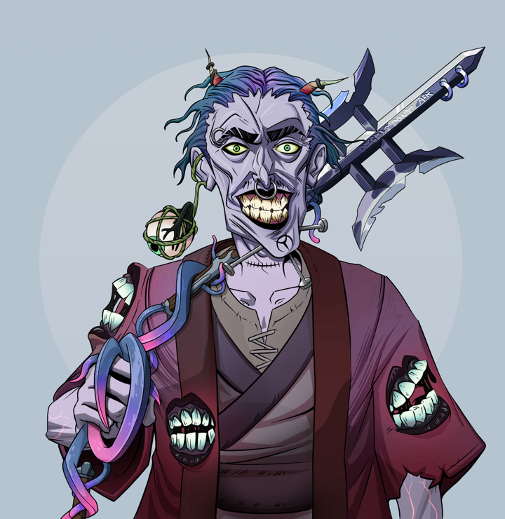 Junichiro Reborn — Degen Dojo NFT art (Shaman Eyes, Grey Mist, Demons, Red Warrior Kimono, Junichiro Reborn, Shirtless Runt, Wavy, Bishamon Yari, Mint)