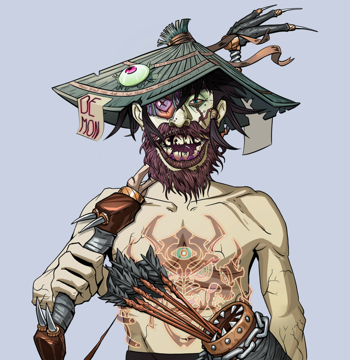 Igor The Veteran — Degen Dojo NFT art (Shirtless Runt, Blue Evening, Demons, Red Oni Tattoo, Igor The Veteran, High Straw Rice Hat, Runed Yumi, Mint)