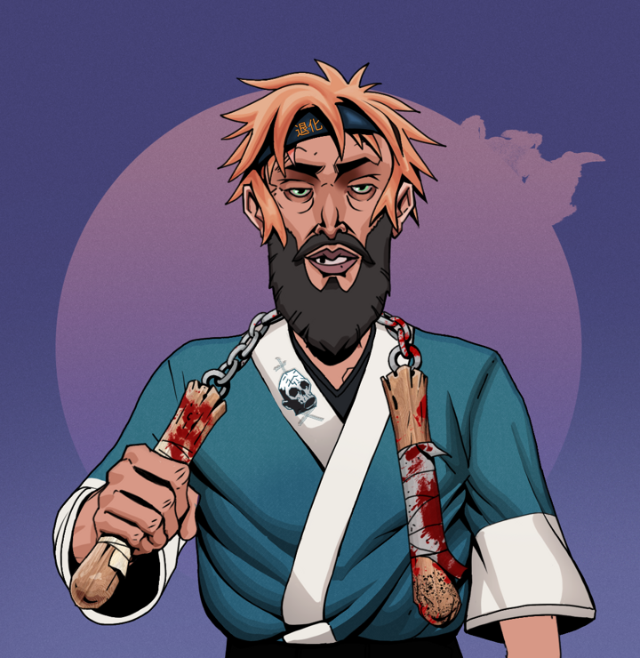 Serious Oleg — Degen Dojo NFT art (Shirtless Runt, Purple Night, Degens, Skull Kimono, Serious Oleg, Tiger Headband Ruffian, Bloody Nunchucks, Mint)