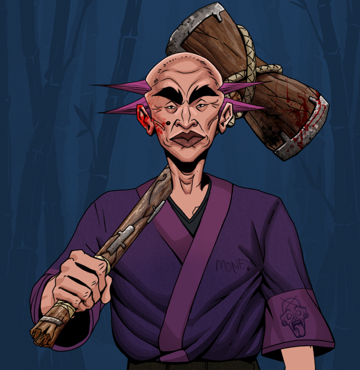 Young Yuji — Degen Dojo NFT art (Shirtless Runt, Night Forest, Degens, Money Kimono, Young Yuji, Dejen Mohawk, Wooden Warhammer, Mint)