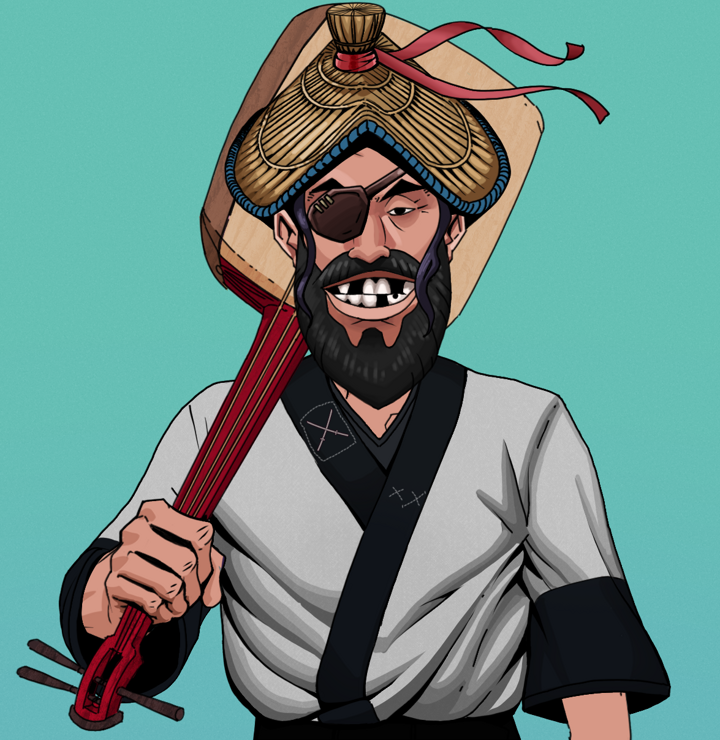 Igor The Veteran — Degen Dojo NFT art (Shirtless Runt, Teal Daytime, Degens, Katana Kimono, Igor The Veteran, High Straw Rice Hat, Shamisen, Mint)