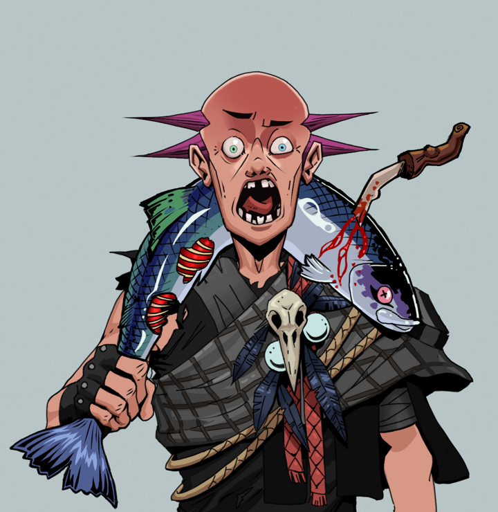 Tokuda — Degen Dojo NFT art (Shirtless Runt, Light Grey, Degens, Bird Shaman, Tokuda, Dejen Mohawk, Dead Fish, Mint)