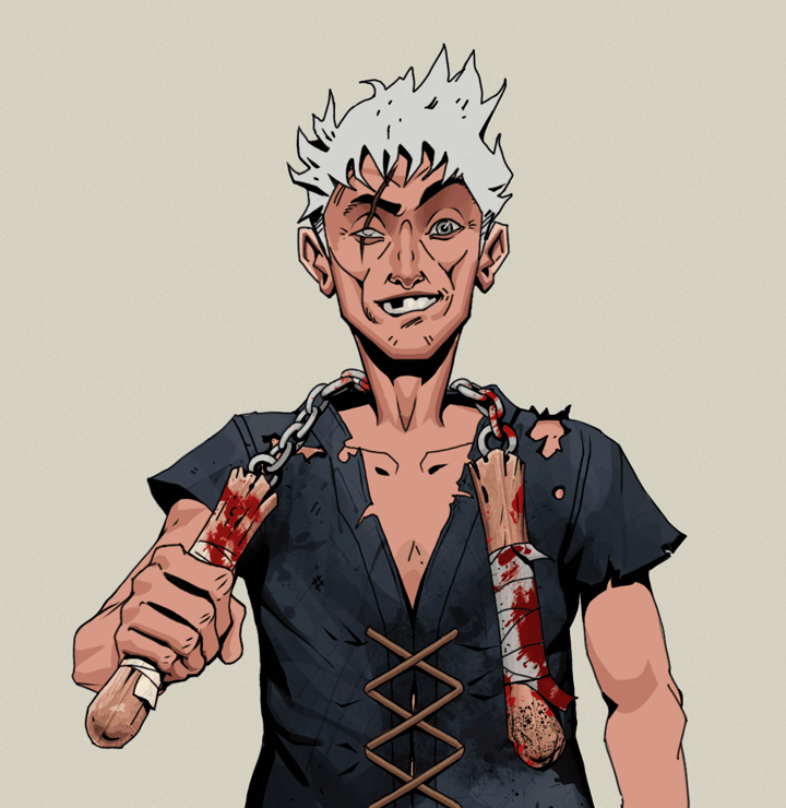 One-Eyed Itsuki — Degen Dojo NFT art (Shirtless Runt, Warm Grey, Degens, Black Peasant Sack, One-Eyed Itsuki, Short Spiky Grey, Bloody Nunchucks, Mint)